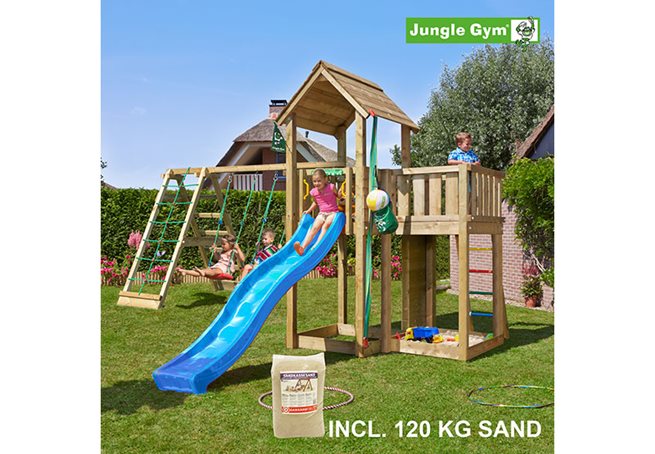 Läs mer om Jungle Gym Mansion lektorn komplett inkl. Climb Modul Xtra, sand och rutschkana, Klätterställning